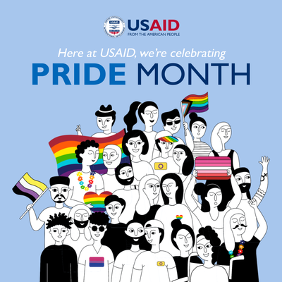 Card brings a drawing of several people holding colorful flags and the blue title Pride Month