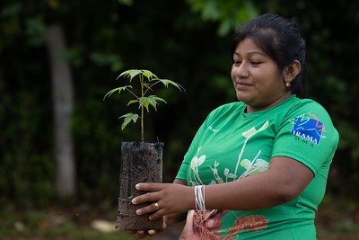 A indígena Talia segura nas mãos uma muda de árvore. Veste camiseta verde com a logomarca dos brigadistas